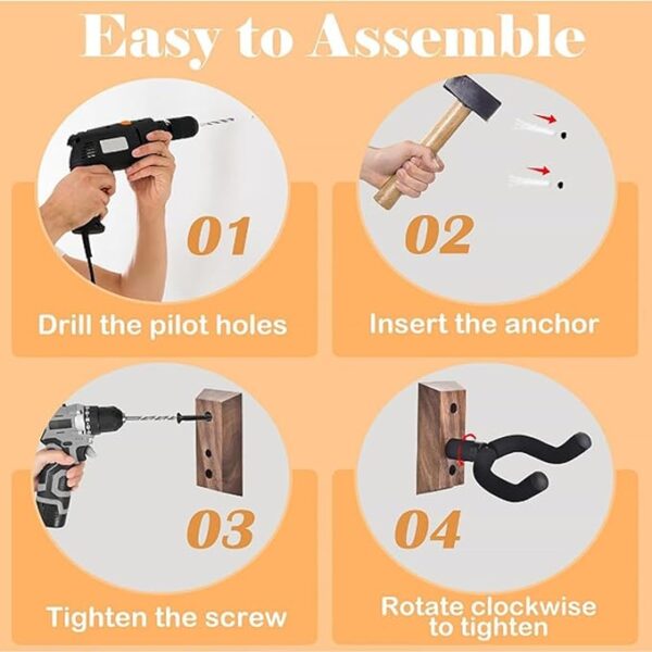 Guitar Wall Mount 4 Pack Guitar Hanger with Rotatable Soft Guitar Wall Hangers for All Size Guitars U-Shaped Guitar Hook for Acoustic, Electric Guitar, Ukulele, Bass, Black Walnut - Image 7