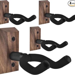 Guitar Wall Mount 4 Pack Guitar Hanger with Rotatable Soft Guitar Wall Hangers for All Size Guitars U-Shaped Guitar Hook for Acoustic, Electric Guitar, Ukulele, Bass, Black Walnut