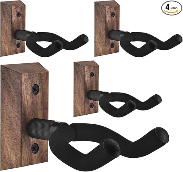 Guitar Wall Mount 4 Pack Guitar Hanger with Rotatable Soft Guitar Wall Hangers for All Size Guitars U-Shaped Guitar Hook for Acoustic, Electric Guitar, Ukulele, Bass, Black Walnut