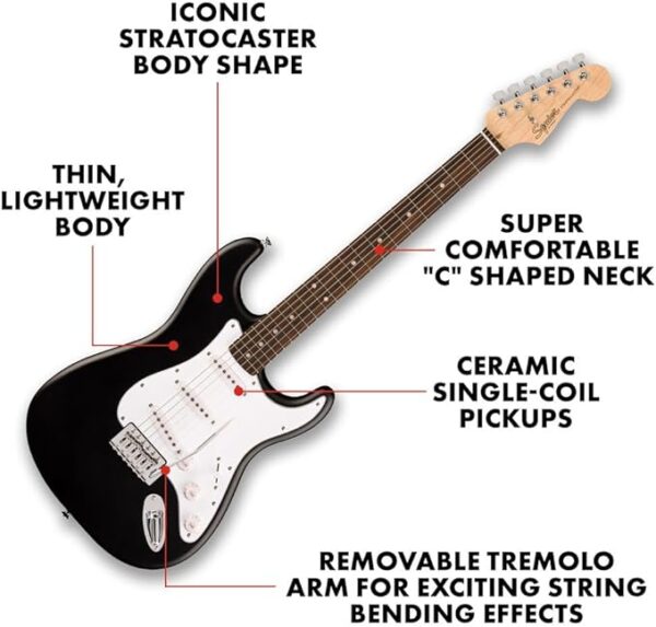Fender Squier Debut Series Stratocaster Electric Guitar, Beginner Guitar, with 2-Year Warranty, Includes Free Lessons, Black with Matte Finish - Image 2