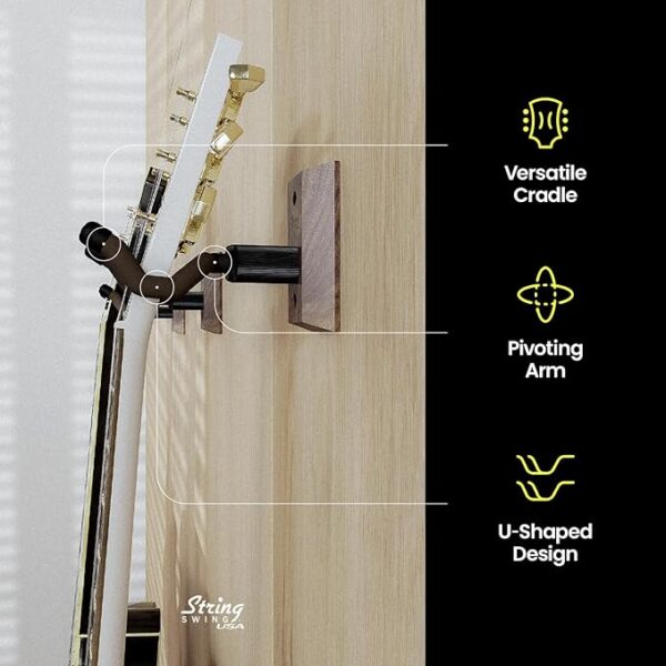 String Swing Guitar Wall Mount 3 Pack, Hangers, Holder Hook for Wall, Fits All Size Acoustic, Electric, Bass - Black Walnut Hardwood, Made in USA - Image 3