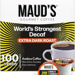 Maud's World's Strongest Decaf Coffee Pods, 100 ct, Decaffeinated Dark Roast Coffee in Recyclable Single Serve Pods – 100% Arabica Coffee, Compatible with Keurig K Cups Maker