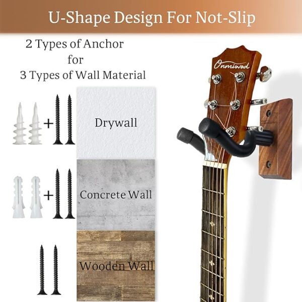 Guitar Wall Mount, Black Walnut Wood Guitar Hanger, U-Shaped Guitar Wall Hanger Mount, Guitar Holder Hook Stand Wall for Acoustic, Electric Guitar, Banjo, Bass, for Guitar Player Men Boy - Image 5