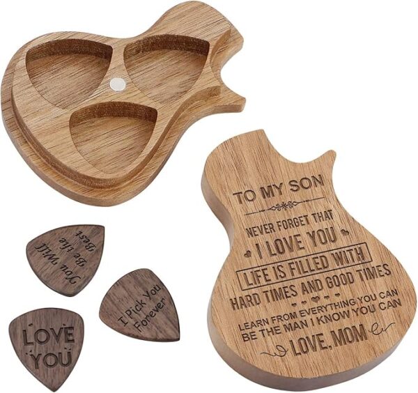 Engraved Personalized Wood Guitar Picks Box, Guitar Shaped Plectrum Container with 3 Pcs Standard Picks (To Son from Mom) - Image 4