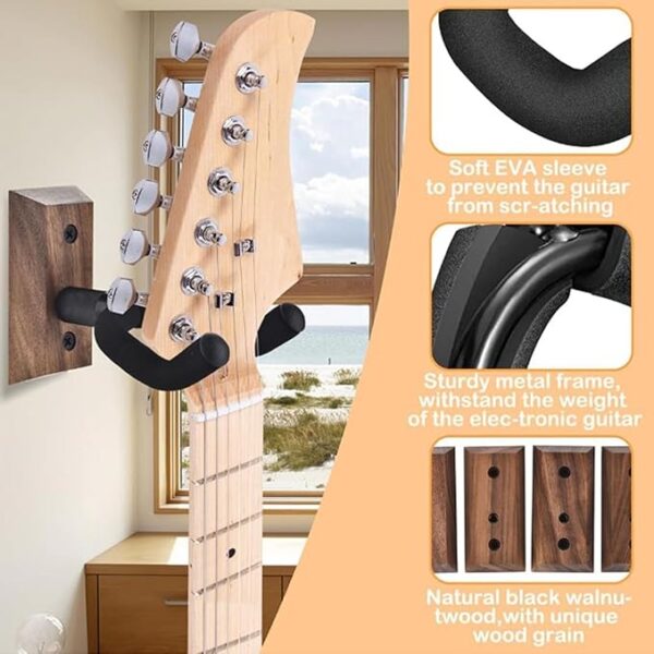 Guitar Wall Mount 4 Pack Guitar Hanger with Rotatable Soft Guitar Wall Hangers for All Size Guitars U-Shaped Guitar Hook for Acoustic, Electric Guitar, Ukulele, Bass, Black Walnut - Image 4