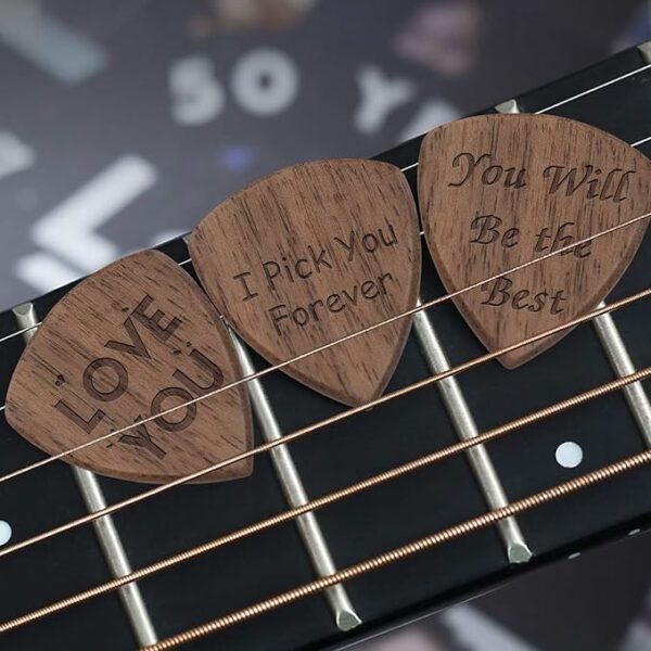Engraved Personalized Wood Guitar Picks Box, Guitar Shaped Plectrum Container with 3 Pcs Standard Picks (To Son from Mom) - Image 6