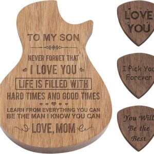 Engraved Personalized Wood Guitar Picks Box, Guitar Shaped Plectrum Container with 3 Pcs Standard Picks (To Son from Mom)