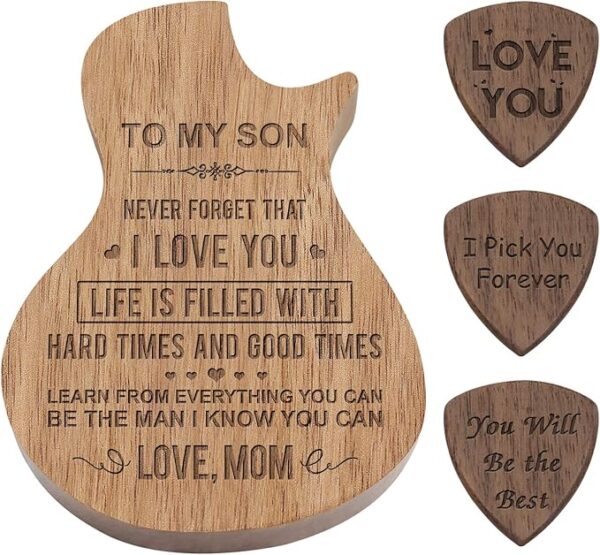 Engraved Personalized Wood Guitar Picks Box, Guitar Shaped Plectrum Container with 3 Pcs Standard Picks (To Son from Mom)