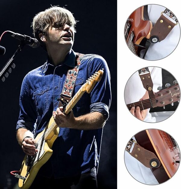 Nefelibata Guitar Strap,Jacquard Embroidery Cotton Guitar Straps with Crazy Horse Leather Ends for Bass, Electric & Acoustic, Best Gifts for Kids, Guitarists(Golden Jacquard) - Image 4