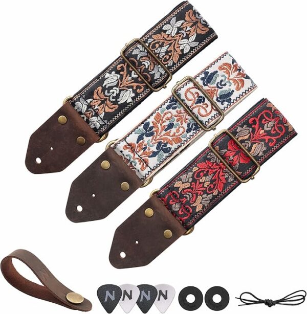 Nefelibata Guitar Strap,Jacquard Embroidery Cotton Guitar Straps with Crazy Horse Leather Ends for Bass, Electric & Acoustic, Best Gifts for Kids, Guitarists(Golden Jacquard) - Image 6