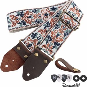 Nefelibata Guitar Strap,Jacquard Embroidery Cotton Guitar Straps with Crazy Horse Leather Ends for Bass, Electric & Acoustic, Best Gifts for Kids, Guitarists(Golden Jacquard)