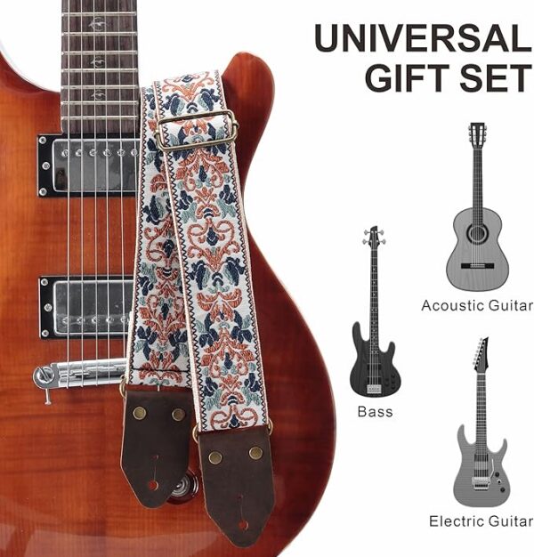 Nefelibata Guitar Strap,Jacquard Embroidery Cotton Guitar Straps with Crazy Horse Leather Ends for Bass, Electric & Acoustic, Best Gifts for Kids, Guitarists(Golden Jacquard) - Image 7