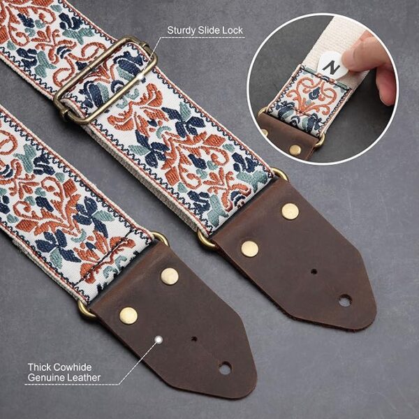 Nefelibata Guitar Strap,Jacquard Embroidery Cotton Guitar Straps with Crazy Horse Leather Ends for Bass, Electric & Acoustic, Best Gifts for Kids, Guitarists(Golden Jacquard) - Image 2