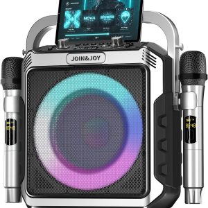 Portable Karaoke Machine, with 2 Wireless Microphones & LED Lights Bluetooth Party Speaker with Loud Subwoofer, USB/AUX, Outdoor Karaoke Speaker for Adults & Kids, Home & Party